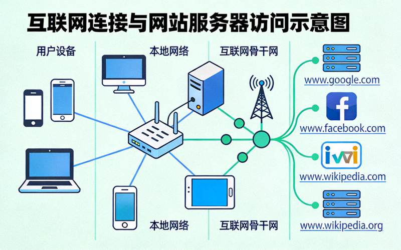 Ilustrasi koneksi internet dan akses ke berbagai server website