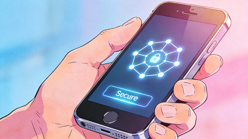 Ilustrasi tangan memegang ponsel dengan tampilan keamanan dan kunci digital di layar